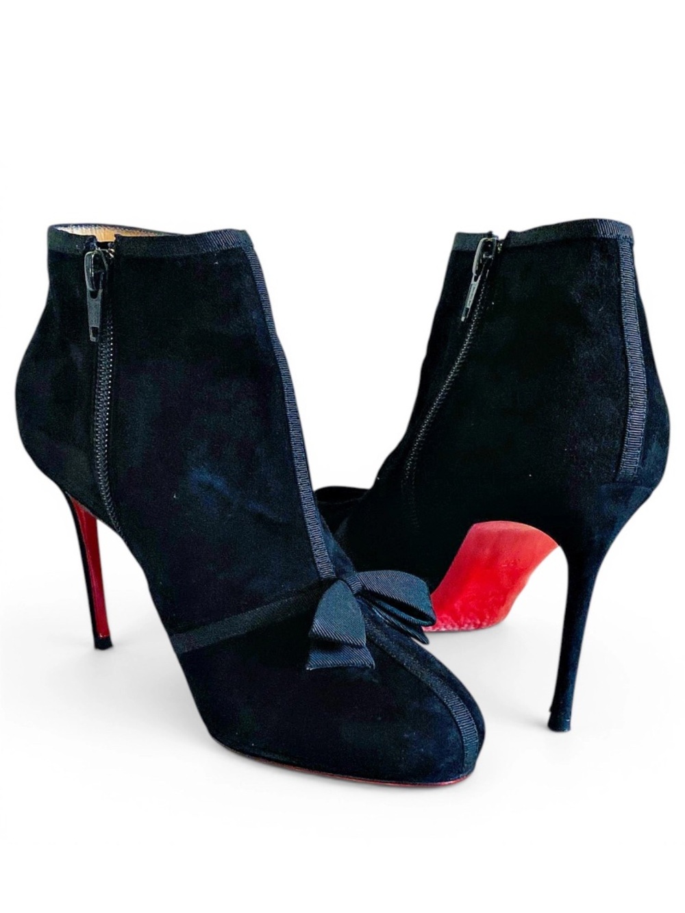🛍️Christian Louboutin Authentic Arnoued 85 Black Suede Bow Ankle Boots-Full Set